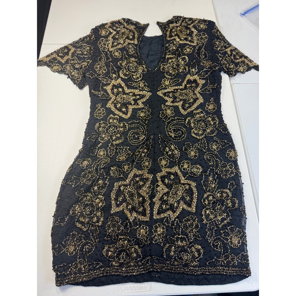 Black Tie Beaded Dress Size 10 Gold Flowers Vintage Cocktail‎ Party - Picture 6 of 11